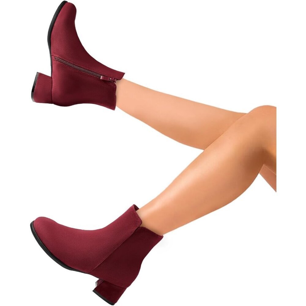 Women's Red Classic Ankle Boots Low Block Heels Suede Chunky Fashion Booties - Picture 3 of 8